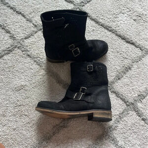 MTNG black Suede leather Perforated Buckle Biker moto Boots pull on 36 / 6